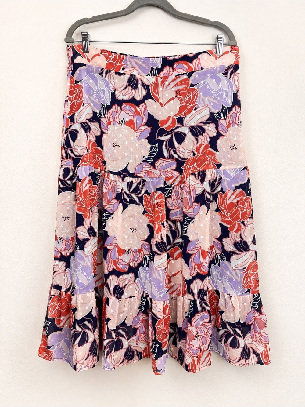 Lulus Navy Floral Tiered Midi Skirt Ruffle Hem A-Line Boho